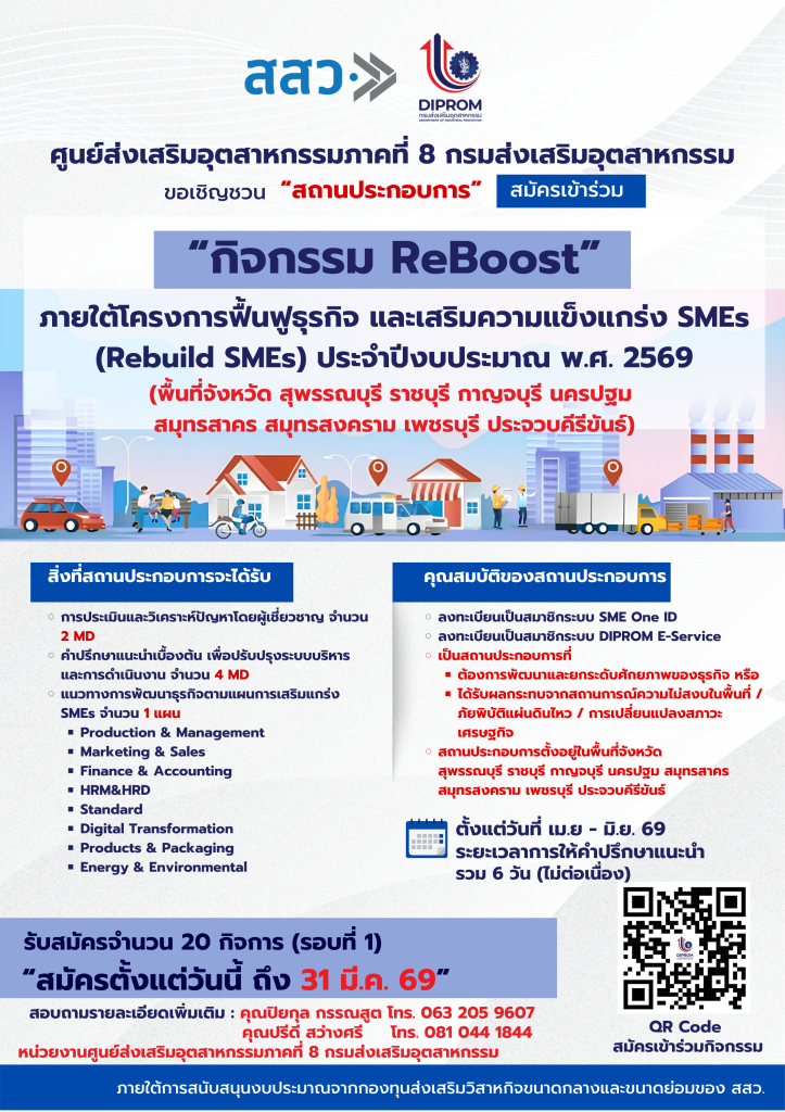 ประชาสัมพันธ์: กรมส่งเสริมอุตสาหกรรม (DIPROM) และ สสว. ขอเชิญผู้ประกอบการ SMEs สมัครเข้าร่วมกิจกรรม “เสริมความแข็งแกร่ง SMEs (ReBoost และ ReBoost Plus)”ภายใต้โครงการฟื้นฟูธุรกิจและเสริมความแข็งแกร่ง SMEs (Rebuild SMEs) ประจำปีงบประมาณ พ.ศ. 2569