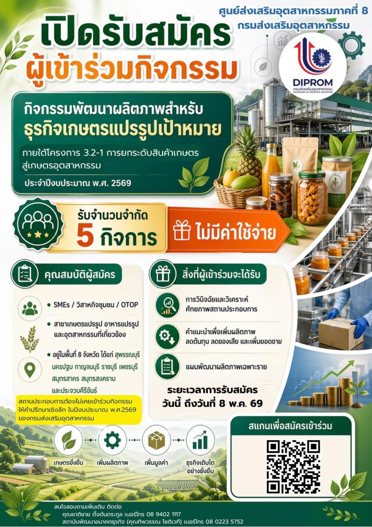 ศูนย์ส่งเสริมอุตสาหกรรมภาคที่ 8 กรมส่งเสริมอุตสาหกรรมรับสมัคร SMEs/วิสาหกิจชุมชน/OTOP จำนวน 5 กิจการ เข้าร่วม กิจกรรมพัฒนาผลิตภาพสำหรับธุรกิจเกษตรแปรรูปเป้าหมาย