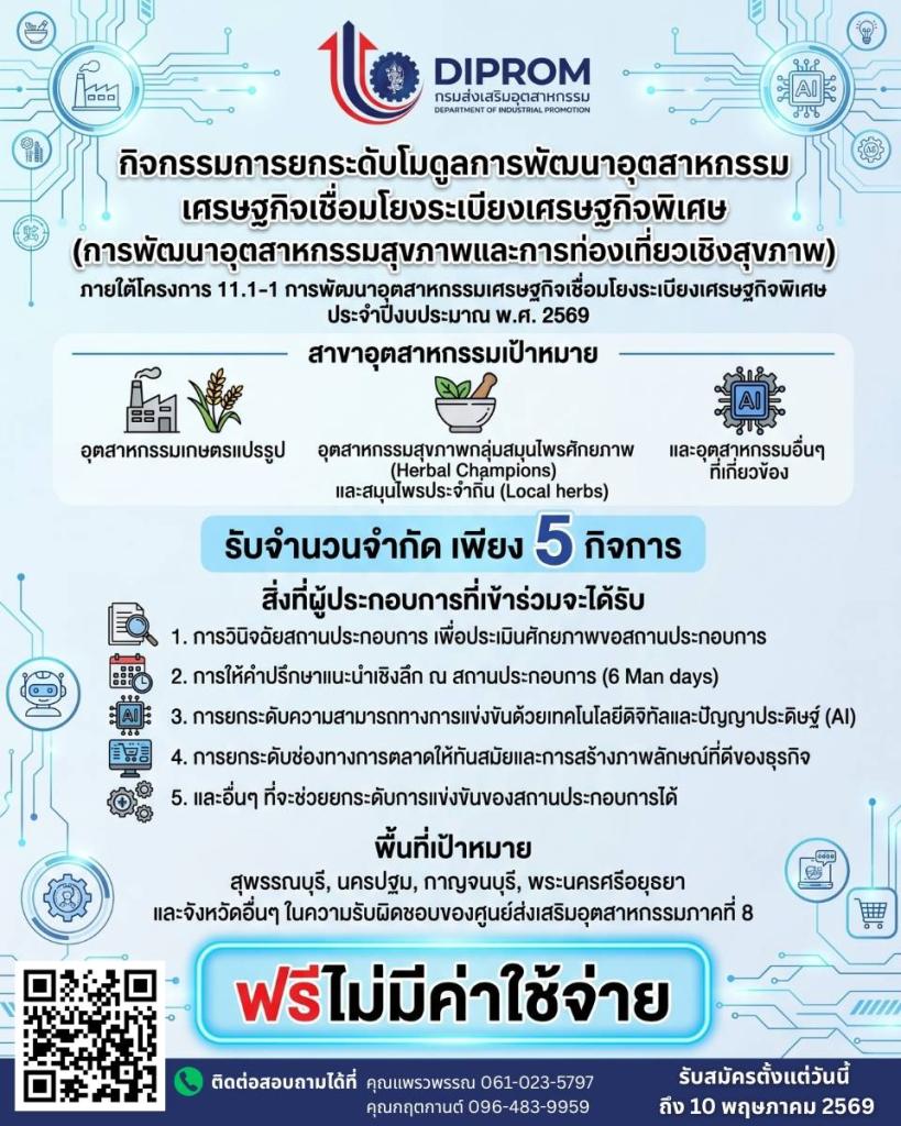 กรมส่งเสริมอุตสาหกรรม (DIPROM) เปิดรับสมัครผู้ประกอบการเข้าร่วมกิจกรรม "ยกระดับโมดูลการพัฒนาอุตสาหกรรมสุขภาพและการท่องเที่ยวเชิงสุขภาพ" ประจำปีงบประมาณ 2569
