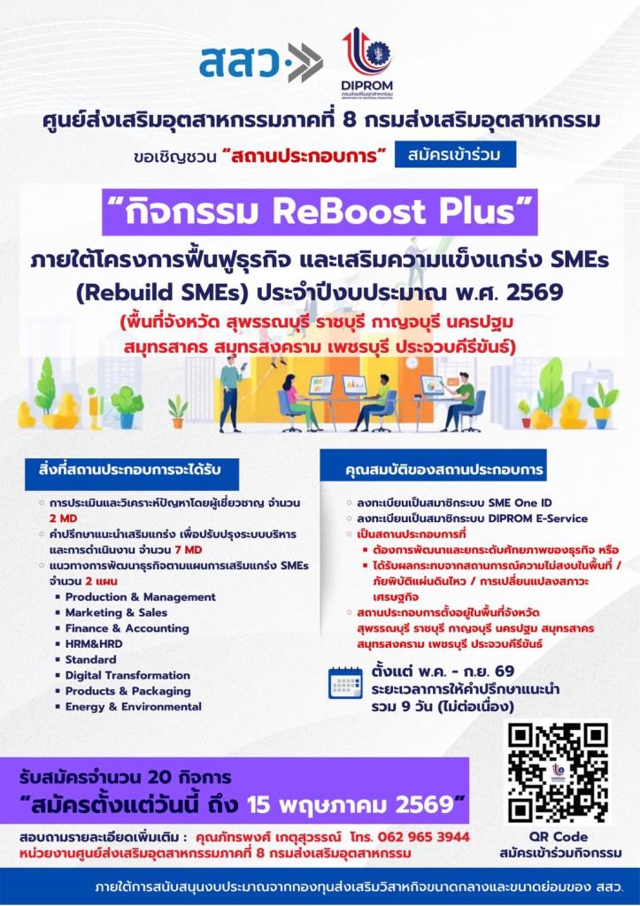 ประชาสัมพันธ์: ศูนย์ส่งเสริมอุตสาหกรรมภาคที่ 8 และ สสว. ขอเชิญผู้ประกอบการ SMEs สมัครเข้าร่วมกิจกรรม  “เสริมความแข็งแกร่ง SMEs (ReBoost และ ReBoost Plus)”  ภายใต้โครงการฟื้นฟูธุรกิจและเสริมความแข็งแกร่ง SMEs (Rebuild SMEs) ประจำปีงบประมาณ พ.ศ. 2569
